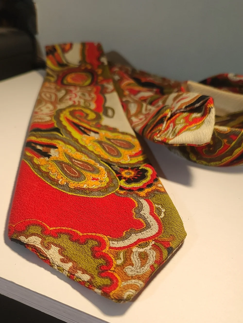 Vintage Silk Paisley Necktie in Red and Olive Yellow- Unbranded